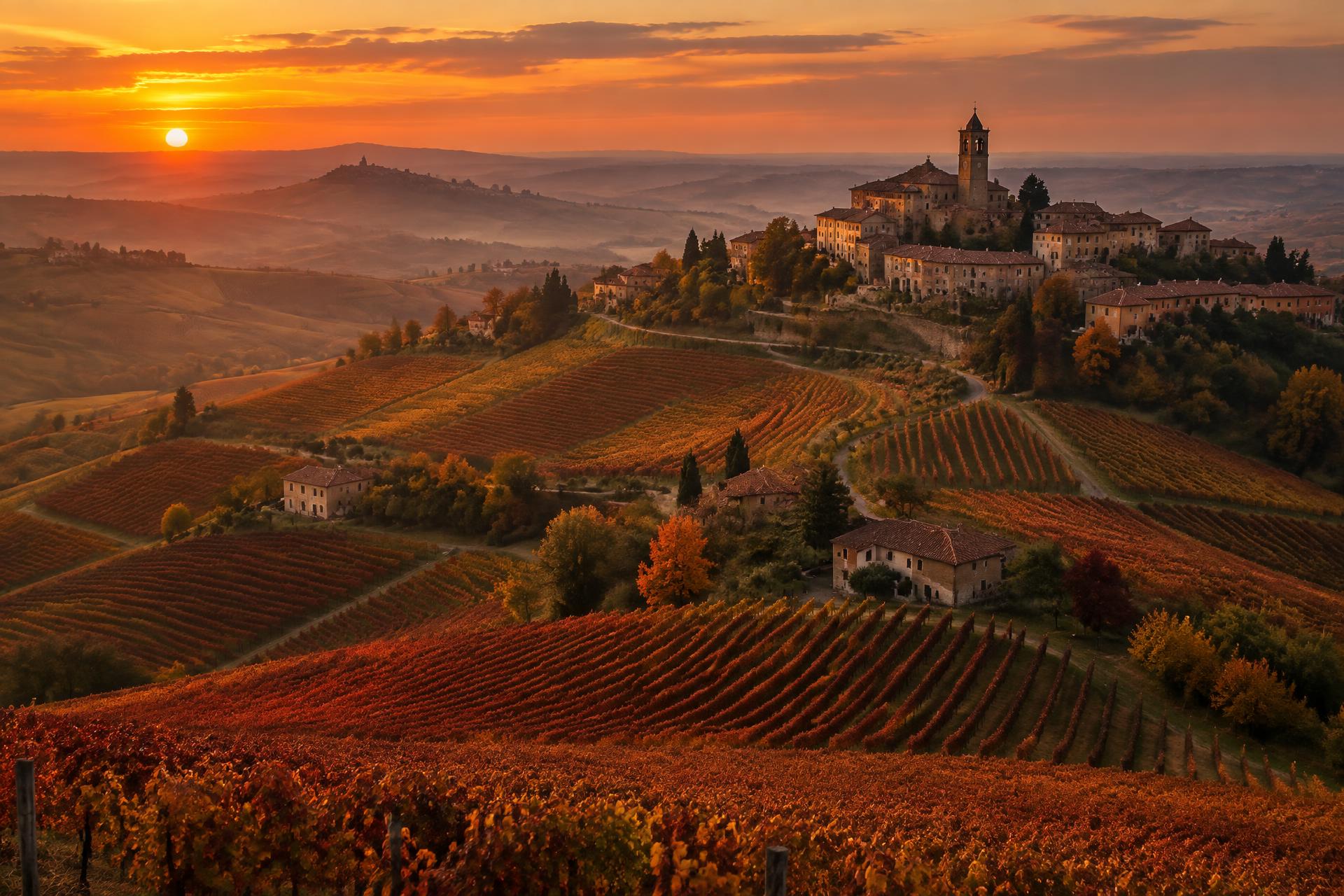 Colline della Langa con vigneti al tramonto